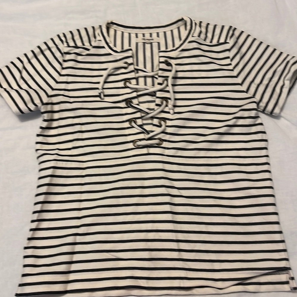 Madewell navy and blue stripe shirt with tie front